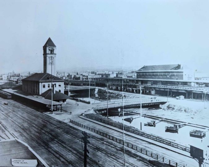 The Great Northern depot and clock tower prior to demolition and re-creation as Riverfront Park. The Great Northern depot and clock tower prior to demolition and re-creation as Riverfront Park.